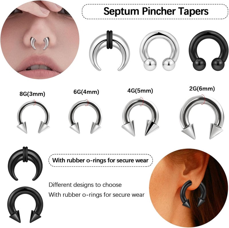 Qmcandy 6-12pcs Septum Pincher Tapers 8G 6G 4G 2G Stretching Kit C Shape Septum Piercing Jewelry Heavy Ear Gauges Earrings Horseshoe Nose Rings for Women Men - Image 2